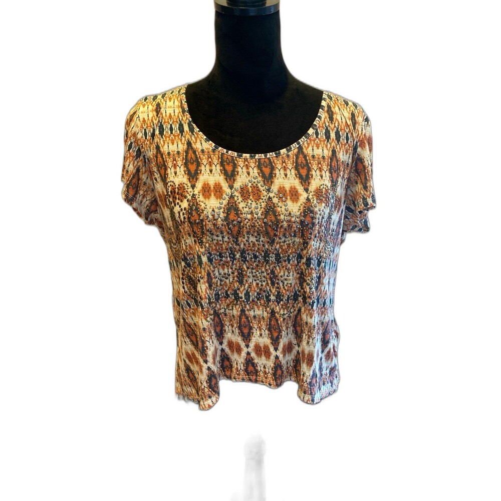 Cato Blouse Sz Large‎ Top Distressed & Cropped w/ Silver Studs on Front Western